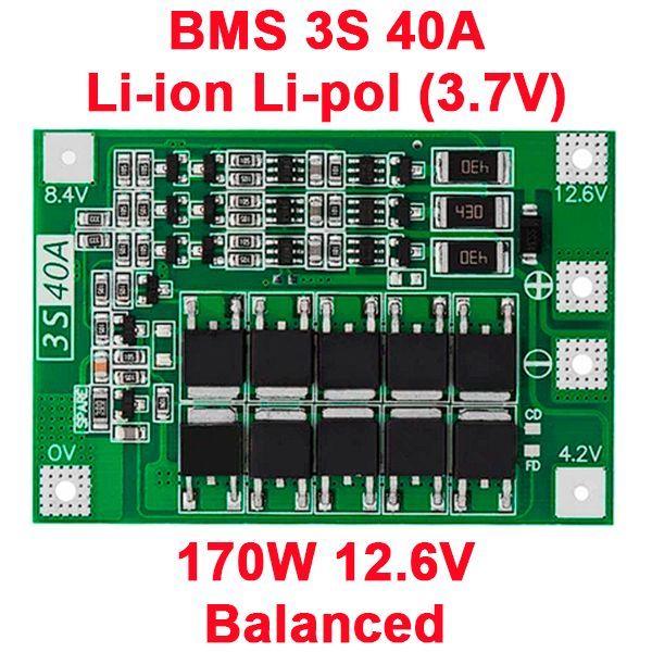 BMS-контроллер3S/40Aна12.6В(Balanced)дляLi-ionячеек3.7Вна18650или26650