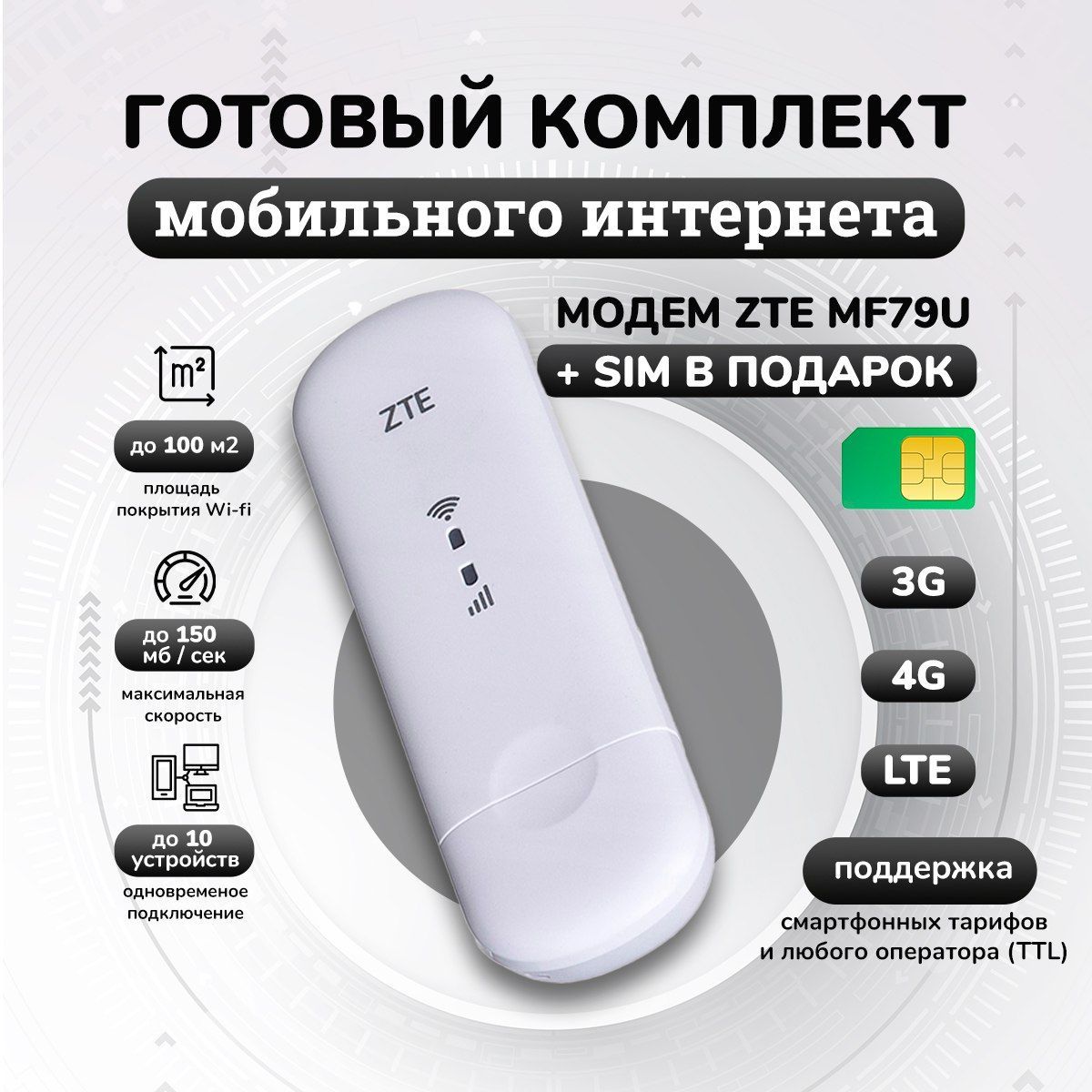 Модем 4g wifi роутер, с сим картой, вай фай интернет антенна LTE, ZTE MF79U