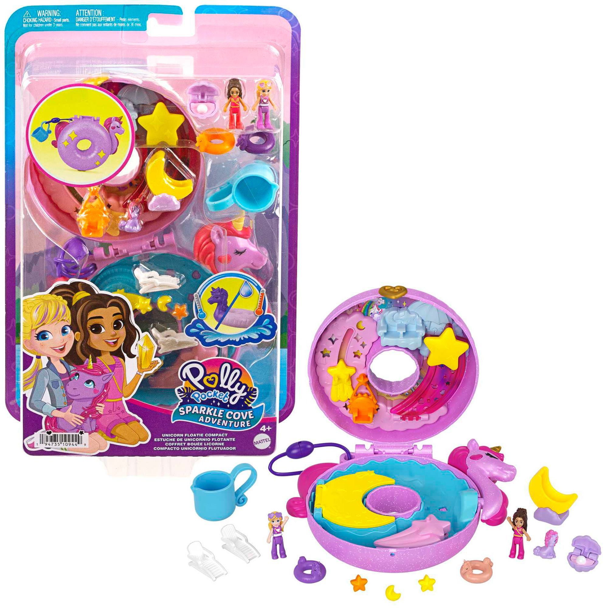 Polly Pocket, куклы и игровой набор, игрушки-единороги, Приключение в  Спаркл-Коув, компактный плавучий единорог