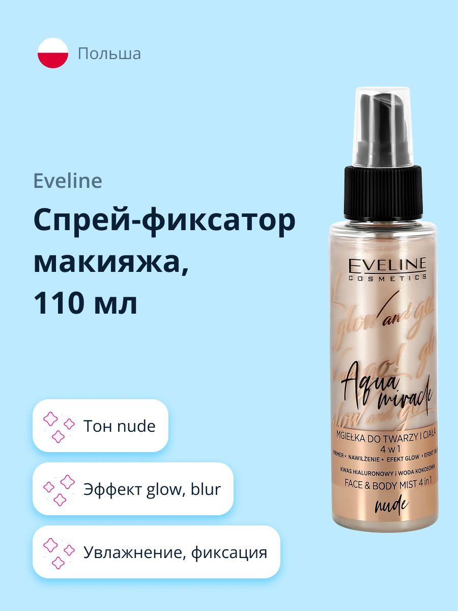 EVELINEСпрей-фиксатормакияжаGLOWANDGOAQUAMIRACLE4в1nude(увлажнение,фиксациямакияжа,эффектglow,blur)110мл