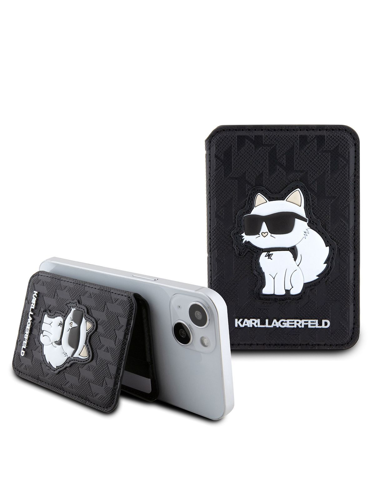 Картхолдер для смартфона магнитный Karl Lagerfeld MagSafe Wallet Cardslot  из экокожи с функцией подставки, для хранения 2х карт, с тиснением KL и  нашивкой NFT Choupette, черный - купить с доставкой по выгодным