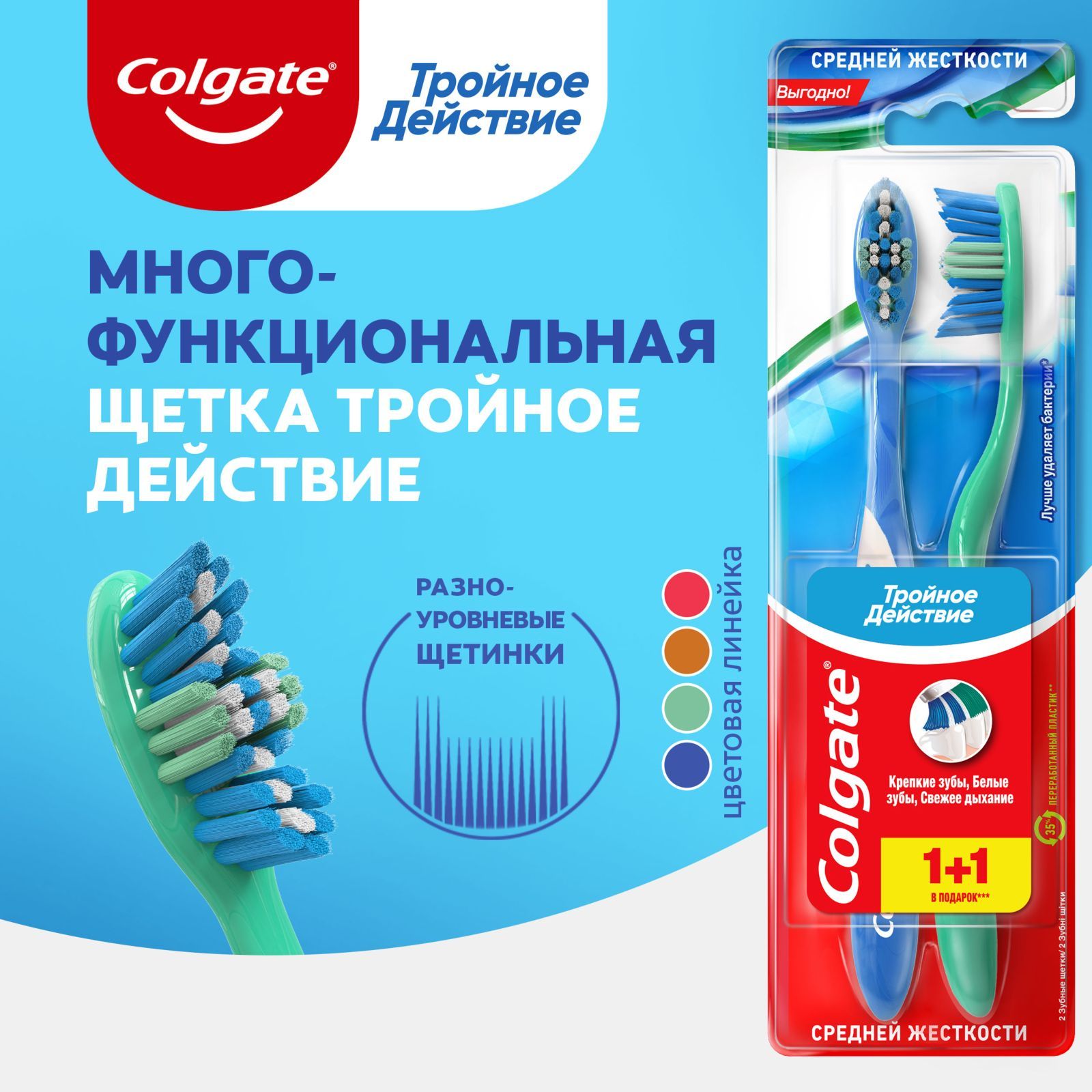 Зубная щетка Colgate Тройное действие многофункциональная, средней  жесткости, промоупаковка 1+1