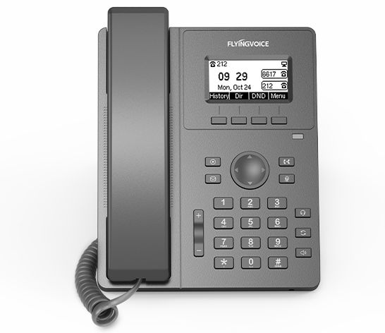 IP-телефон FLYINGVOICE P10P, 2 SIP аккаунта, монохромный дисплей 2,3 дюйма, 132 x 64 с подсветкой, конференция на 6 абонента, поддержка гарнитуры (RJ9), POE.