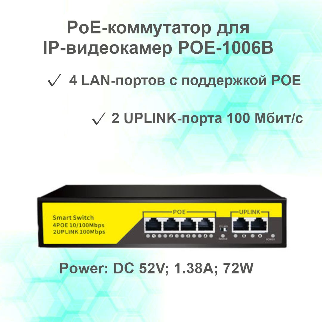 PoEкоммутатордляIP-видеокамер4PoE+2UpLink,свитч6портовPOE-1006BSmartSwitch