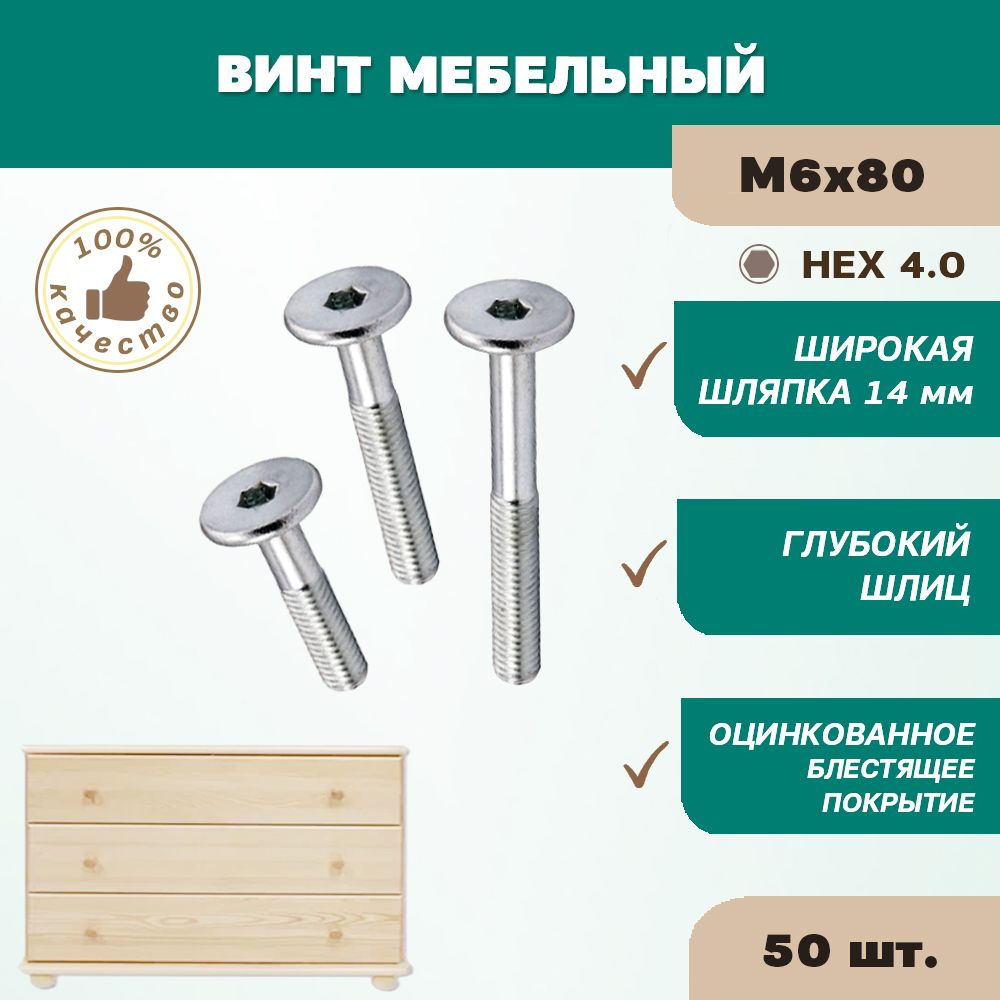 Винт мебельный М6х80 ц HEX 4.0 (упак 50 шт)