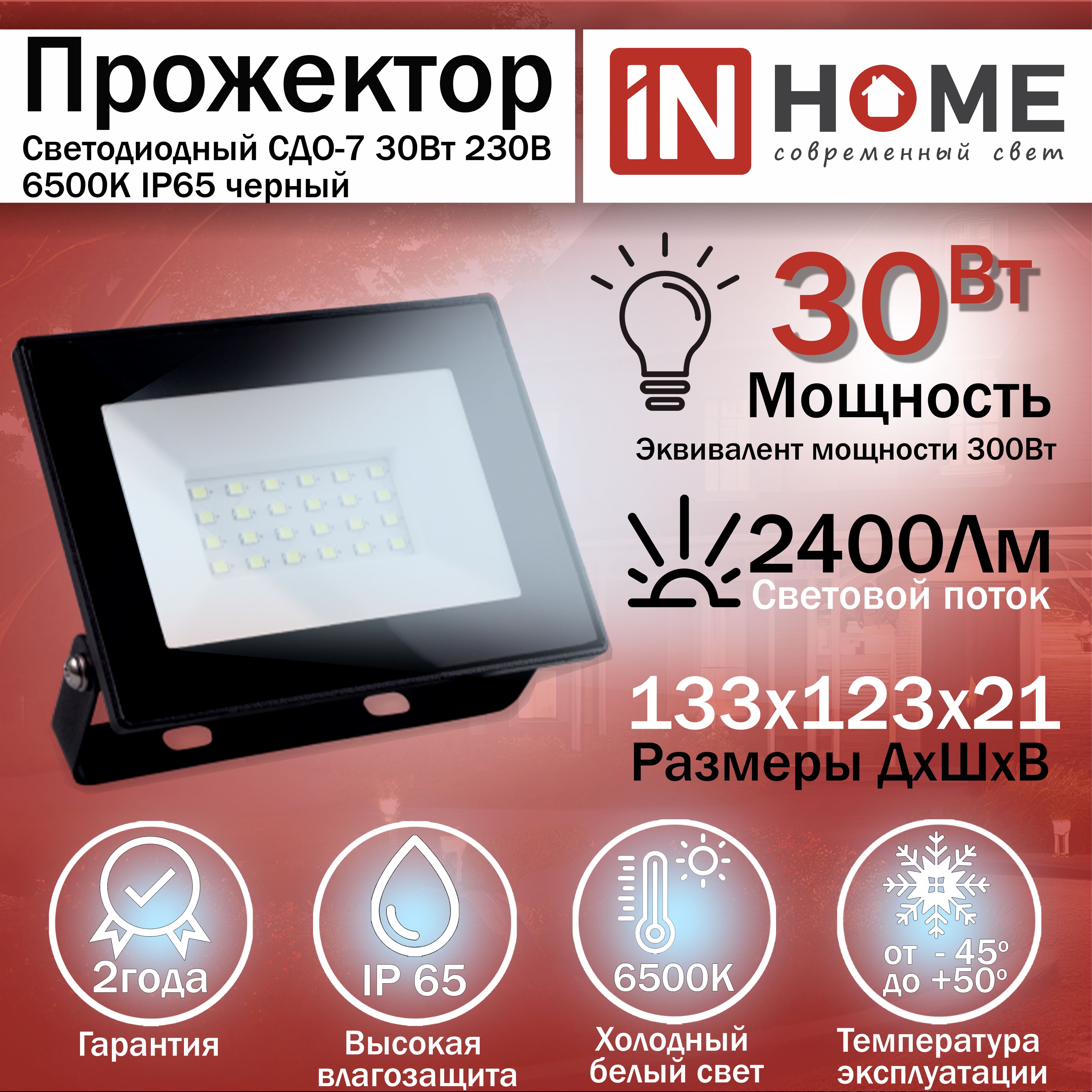 ПрожекторсветодиодныйСДО-730Вт230В6500КIP65черныйINHOME