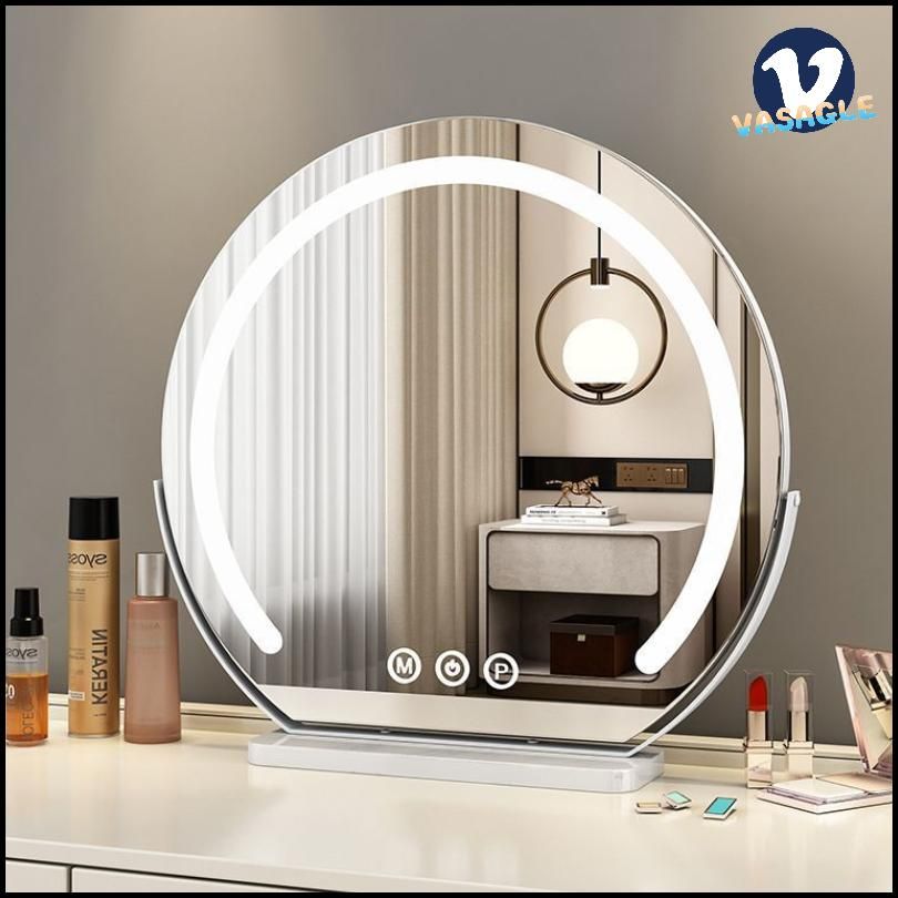 Зеркало косметическое настольное с подсветкой и лампочками для макияжа на подставке / Стекло интерьерное, гримерное, декоративное с увеличением и сенсорным управлением (три режима света)диаметр 46.5cm