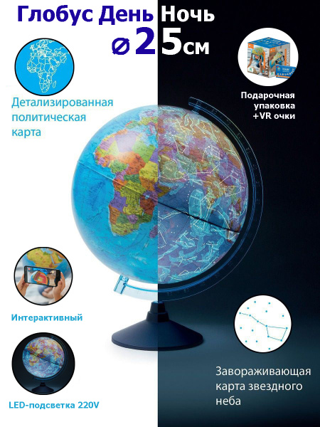 Интерактивный глобус "ДЕНЬ И НОЧЬ" с двойной картой - политической ...