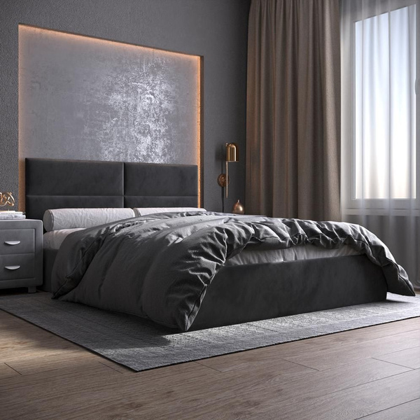 Мягкая кровать с настилом MS Kvadrat черный велюр, 170х200, без ножек ...