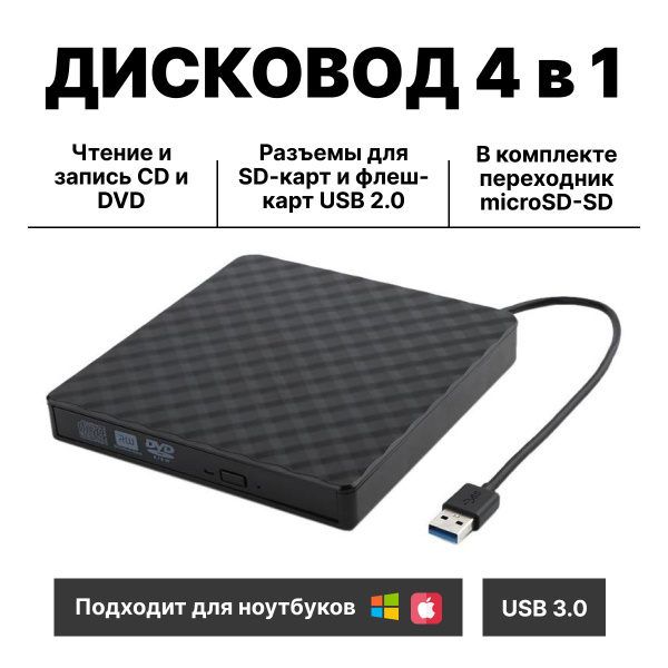 Внешний CD DVD дисковод с SD картридером, разветвитель usb на 2 порта ...