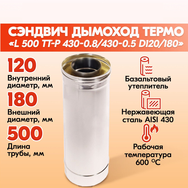 Труба дымоходная Термо L 500 ТТ-Р 430-0.8/430-0.5 D120/180 из ...