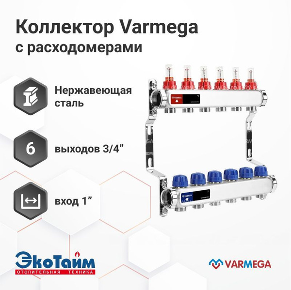 VARMEGA Коллектор из нержавеющей стали с расходомерами 6 выходов ...