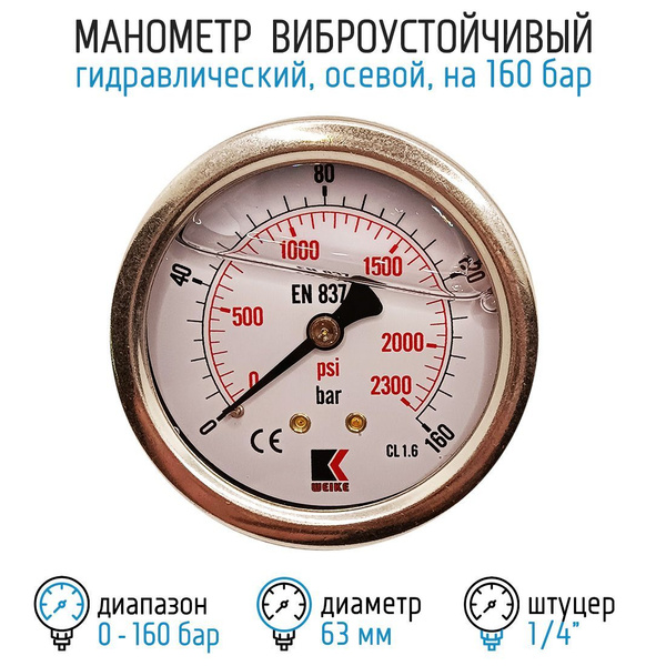 Манометр гидравлический на 160 бар (2300 psi), 63 мм, G 1/4" осевой ...
