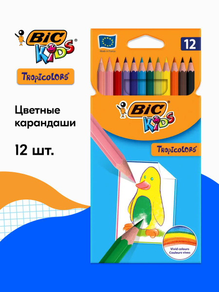 Разноцветные карандаши BIC Kids Tropicolors, разные цвета, 12 шт. в уп ...
