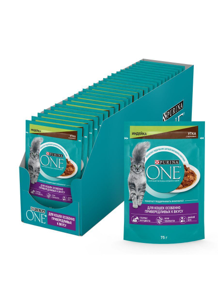Влажный корм Purina One для привередливых кошек, индейка, утка, 26х75г ...