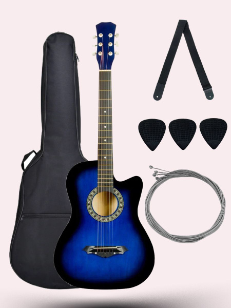 Синяя Гитара акустическая 38" В комплекте: Чехол, Ремень, 6 Струн ...