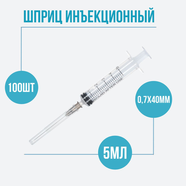 Шприц медицинский, стерильный одноразовый, 5 мл для инъекций с иглой ...
