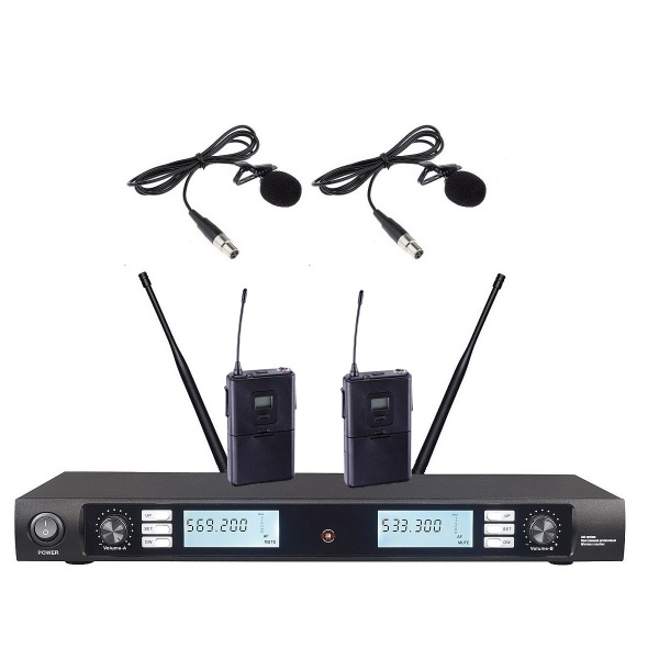 Двойная беспроводная микрофонная система UHF с петличными микрофонами ...