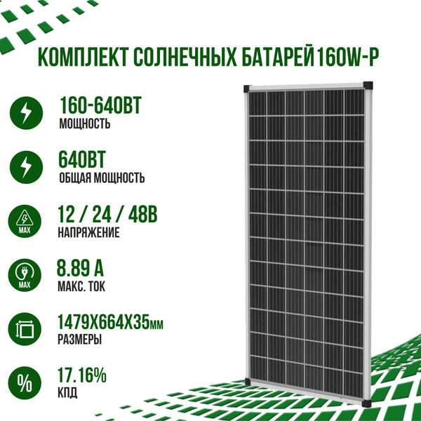 Солнечная панель (батарея) 160Вт 12В (12 Вольт) с общей мощностью 640 ...