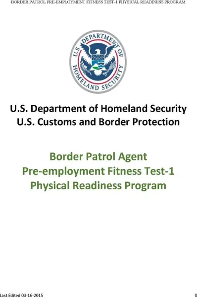 Обложка книги Border Patrol Agent Pre-employment Fitness Test-1 Physical Readiness Program, U.S. Department of Homeland Security, U.S. Customs and Border Protection