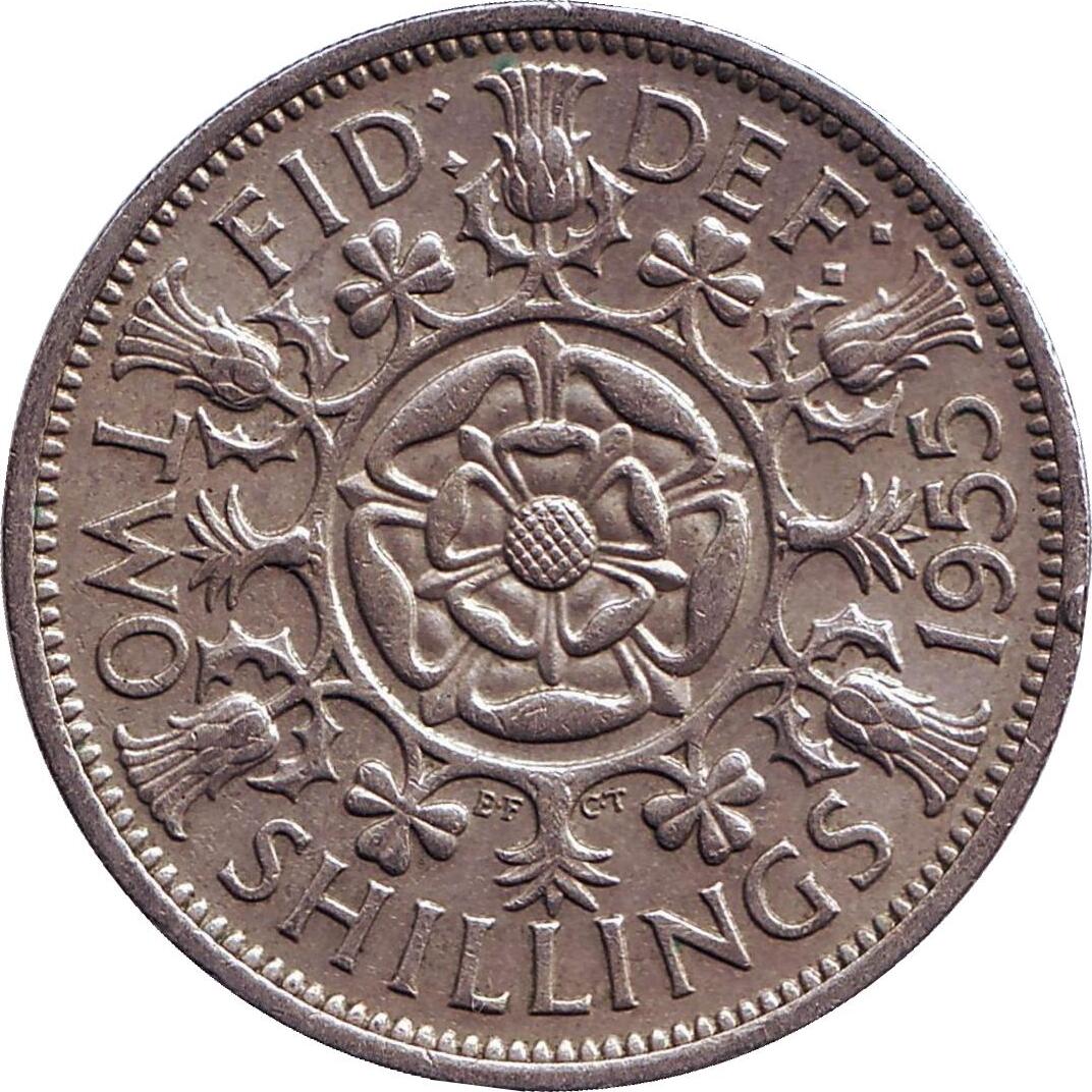 фото Монета номиналом 2 шиллинга. Великобритания, 1955 год The royal mint