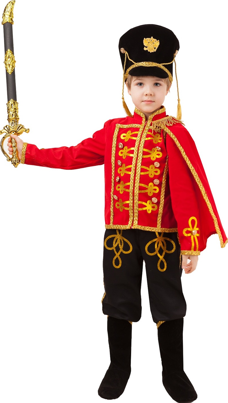 фото Карнавальный костюм Бравый Гусар кивер,мундир с плащем,брюки с сапогами, сабля размер 134-68 Пуговка