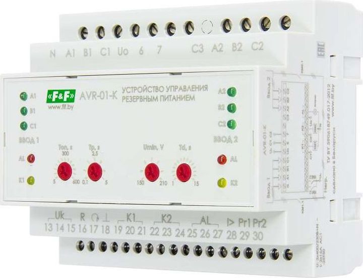 Устройство управления резервным питанием F&F AVR-01-K, 3х400В+N 2х16А 2P IP20, EA04.006.001