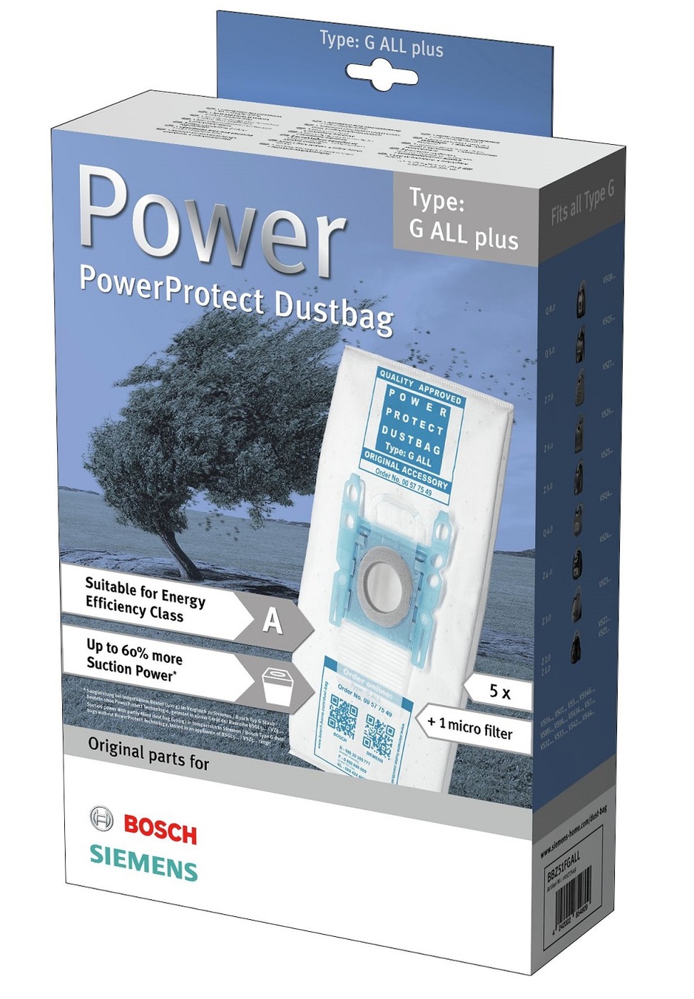 Мешки-пылесборники Bosch PowerProtect, тип "G ALL", BBZ41FGALL (17000940) (00577549) 5 штук