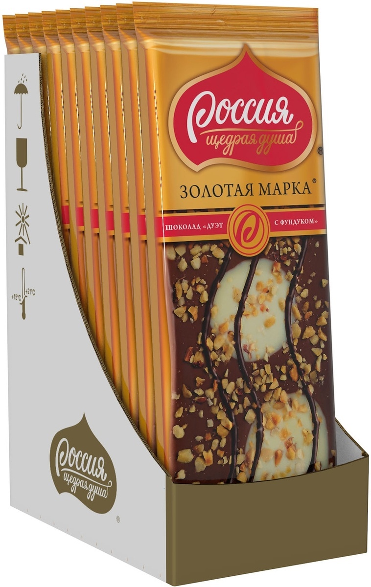 Шоколад Россия-Щедрая душа! Золотая марка Дуэт с фундуком, молочный, 10 ...