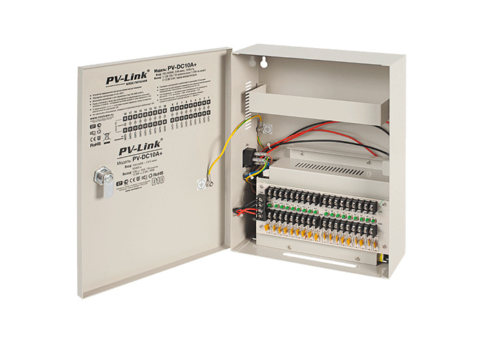 Профессиональный стабилизированный блок бесперебойного питания (ИБП 12 В) DC 12 В, 10 А, 18 выходов, PV-Link PV-DC10A+, для видеонаблюдения, охранных систем, резерв питания