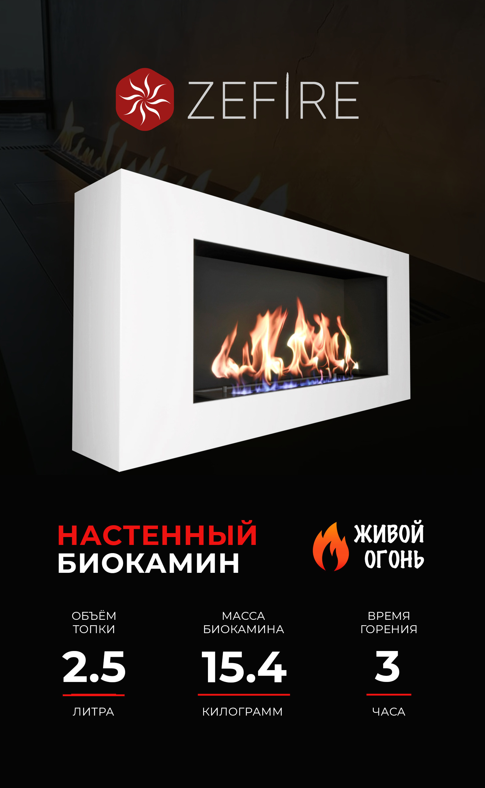 Биокамин ZeFire Orion 900 с белой рамкой, Настенная установка - купить ...