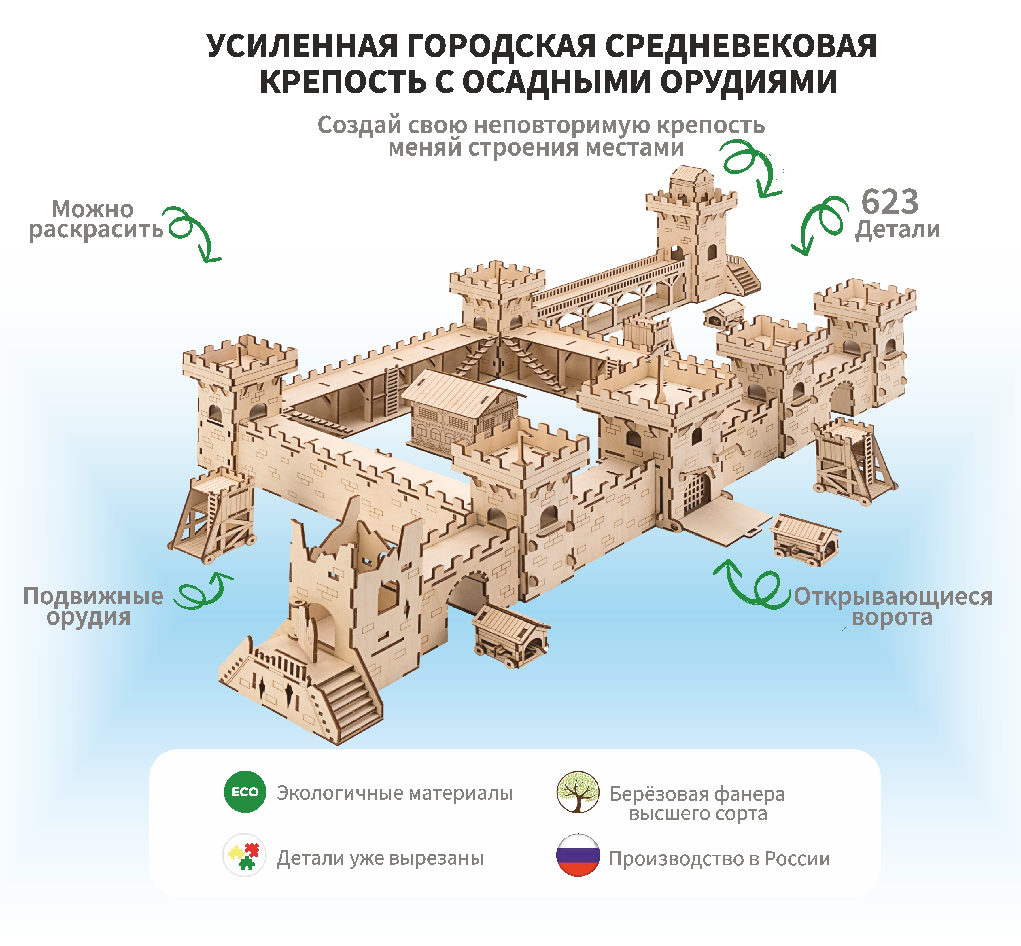 Деревянный конструктор Замок Средневековая городская крепость, большой с аксессуарами, 623 дет.