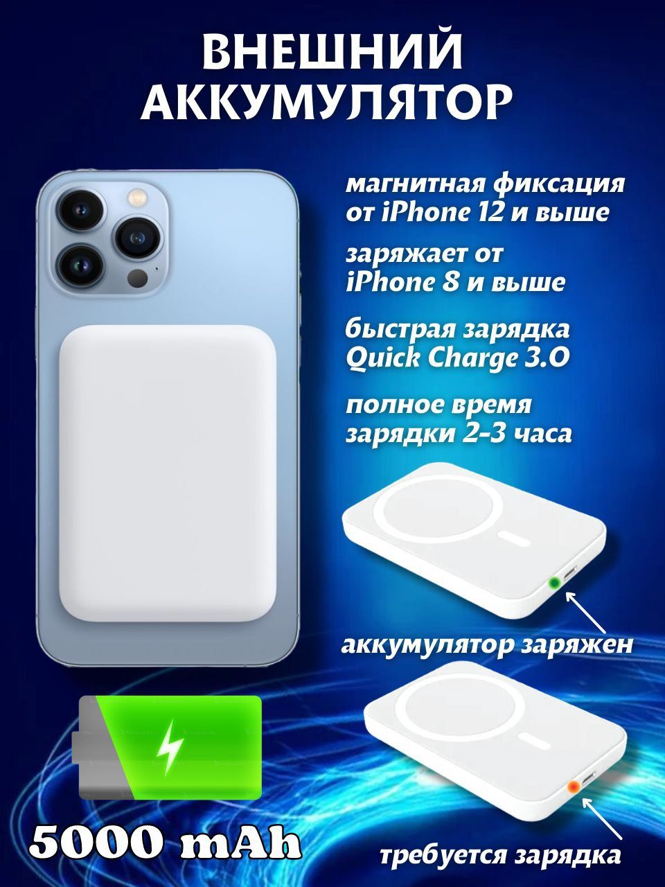 Как подключить повербанк к айфону беспроводной Внешний аккумулятор magsafe Battery на 5000 мАч для iPhone/ Магнитная беспроводн