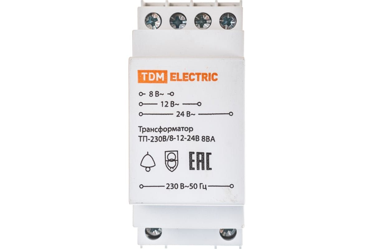ПонижающийзвонковыйтрансформаторTDMТП-230В/8-12-24В8ВАDIN-рейкаSQ0225-0001-1шт