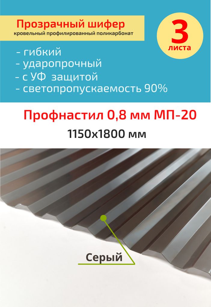 Кровельныймонолитныйпрофилированныйполикарбонат0.8ммМП-20(серый)Пластилюкс1,15*1,8м.,3шт