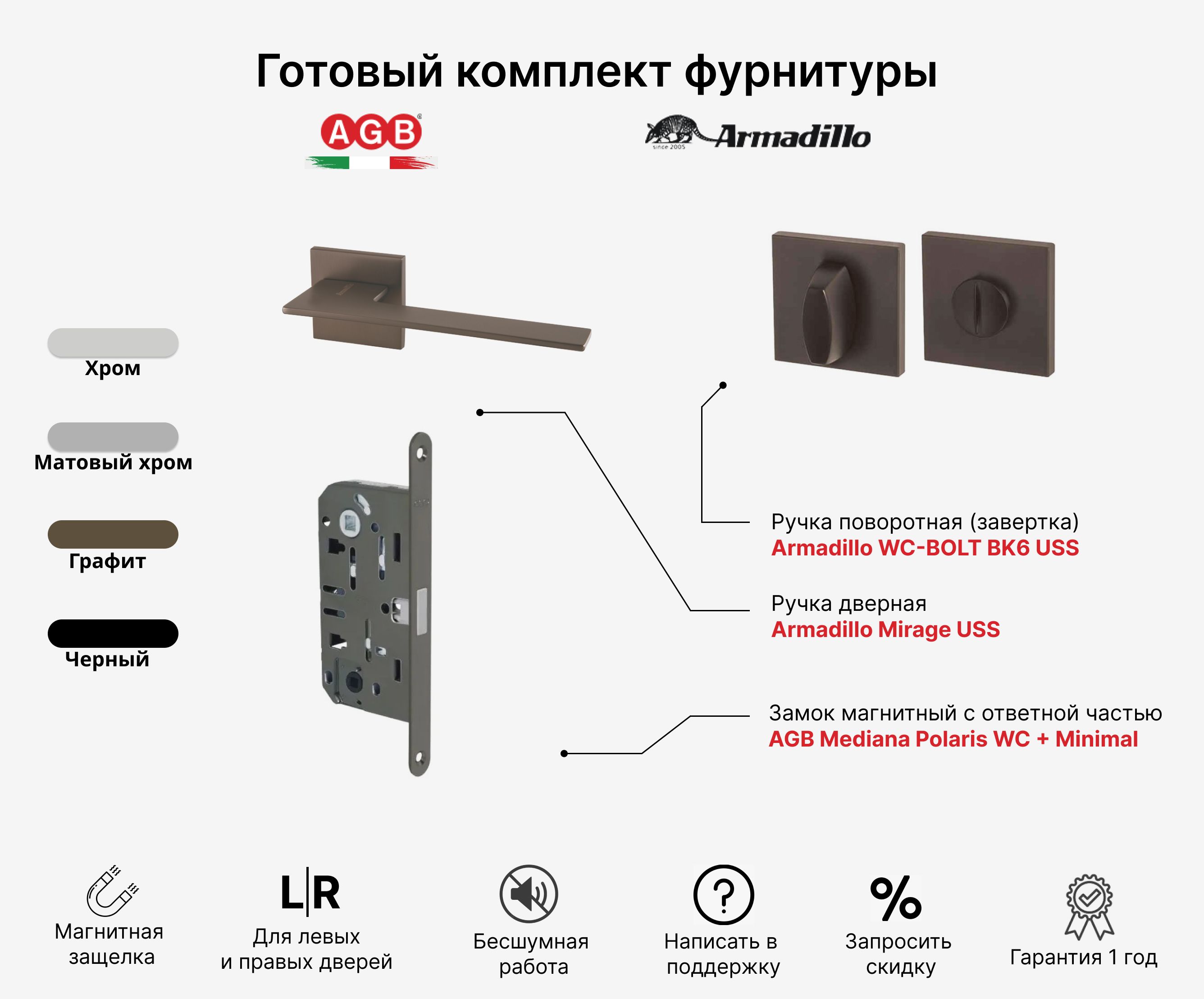 Комплект Ручка дверная Armadillo MIRAGE USS BPVD-77 + Замок магнитный  бесшумный AGB Mediana POLARIS (с отв. планкой) WC + Ручка поворотная  завертка WC-BOLT BK6 USS BPVD-77, Графит - купить по низкой цене