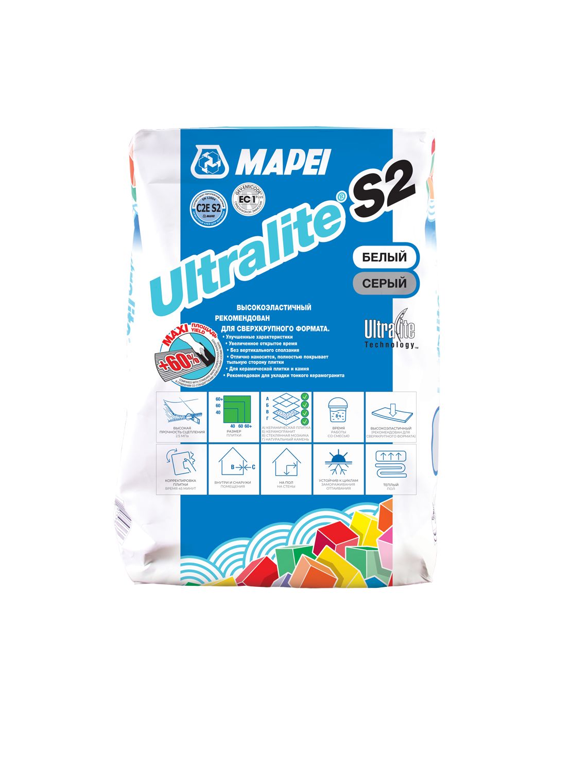 Mapei Клей для плитки Ultralite S2_белый 15 кг