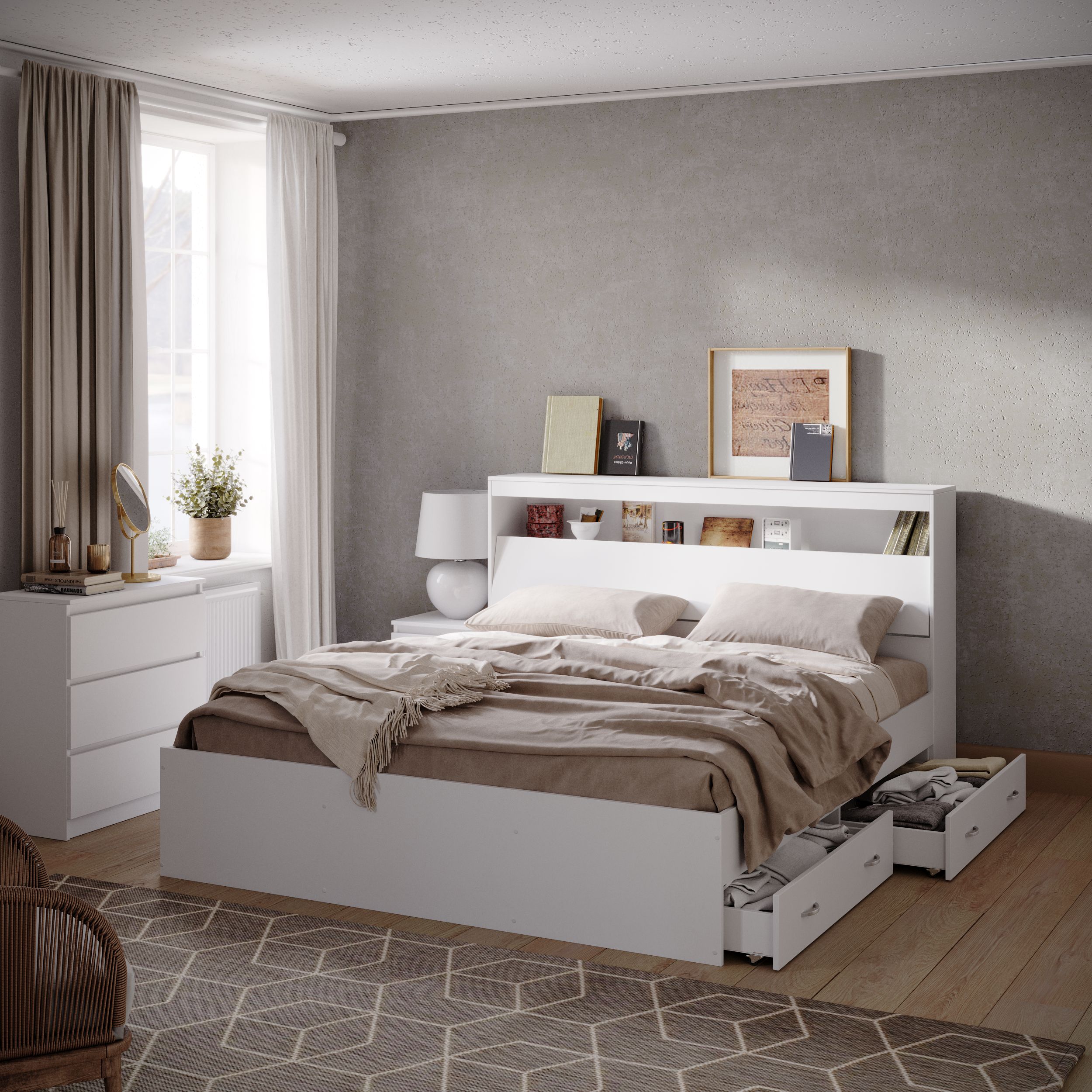 Обзор двуспальной кровати с выдвижными ящиками. Приятная простота конструкции