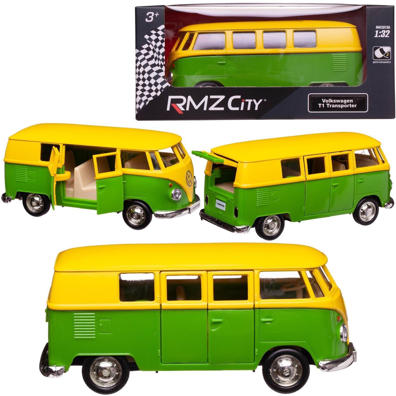 Машинка металлическая Uni-Fortune RMZ City 1:32 Автобус инерционный  Volkswagen Type 2 (T1) Transporter, цвет желтыйй с зеленым, 16,5*7,5*7 см -  купить с доставкой по выгодным ценам в интернет-магазине OZON (925137508)