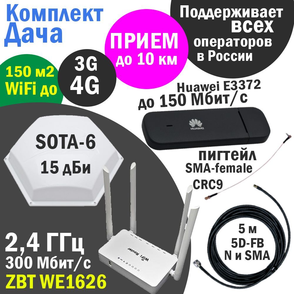 Комплект 3G/4G Дача-Универсал на базе антенны Baltic Signal 3G/4G 15 дБ,  модема brovi E3372h-325 и роутера ZBT WE1626 - купить с доставкой по  выгодным ценам в интернет-магазине OZON (201483204)