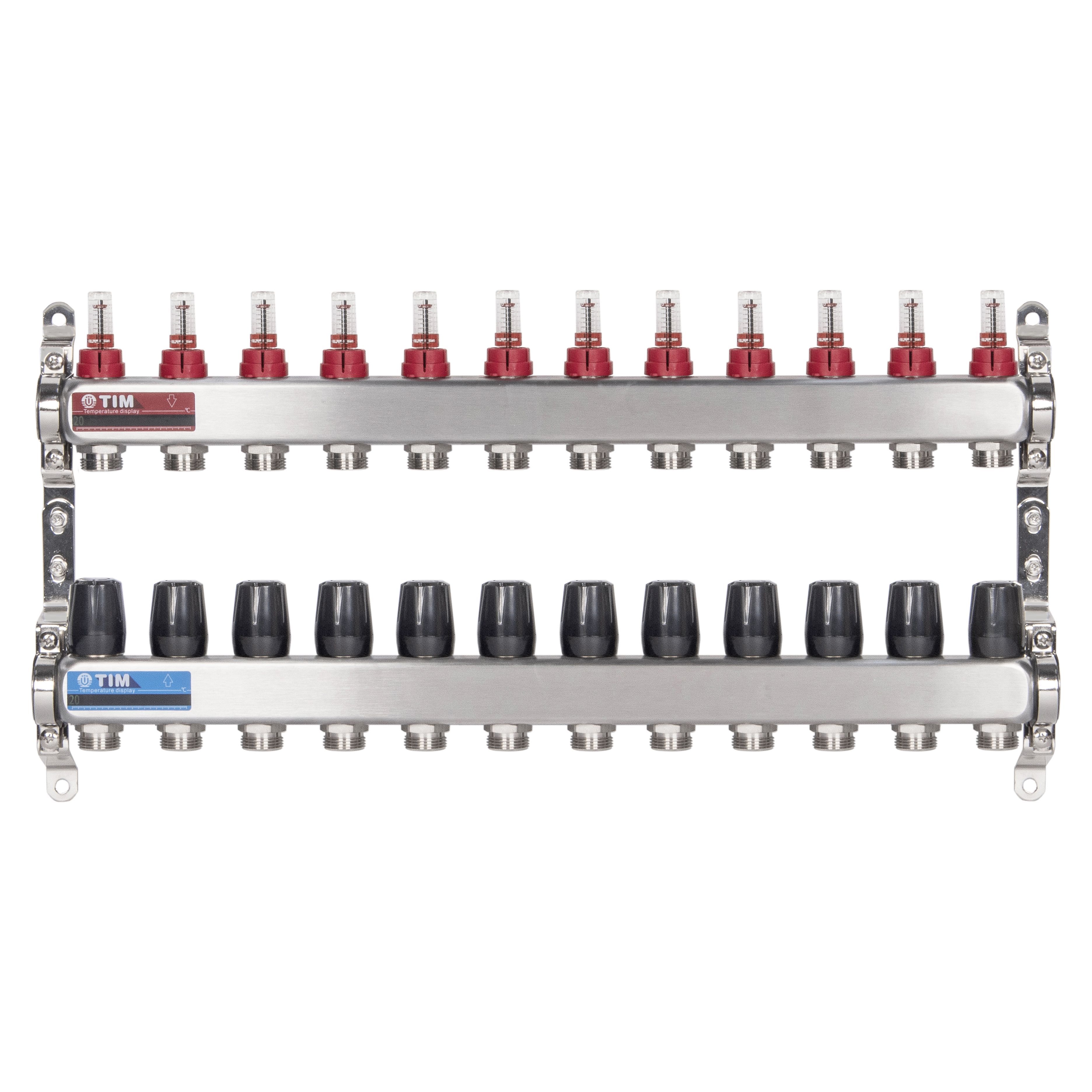 Коллекторная группа 12 контуров с расходомерами 1" * 3/4" E, нерж. сталь, TIM, KDS5012