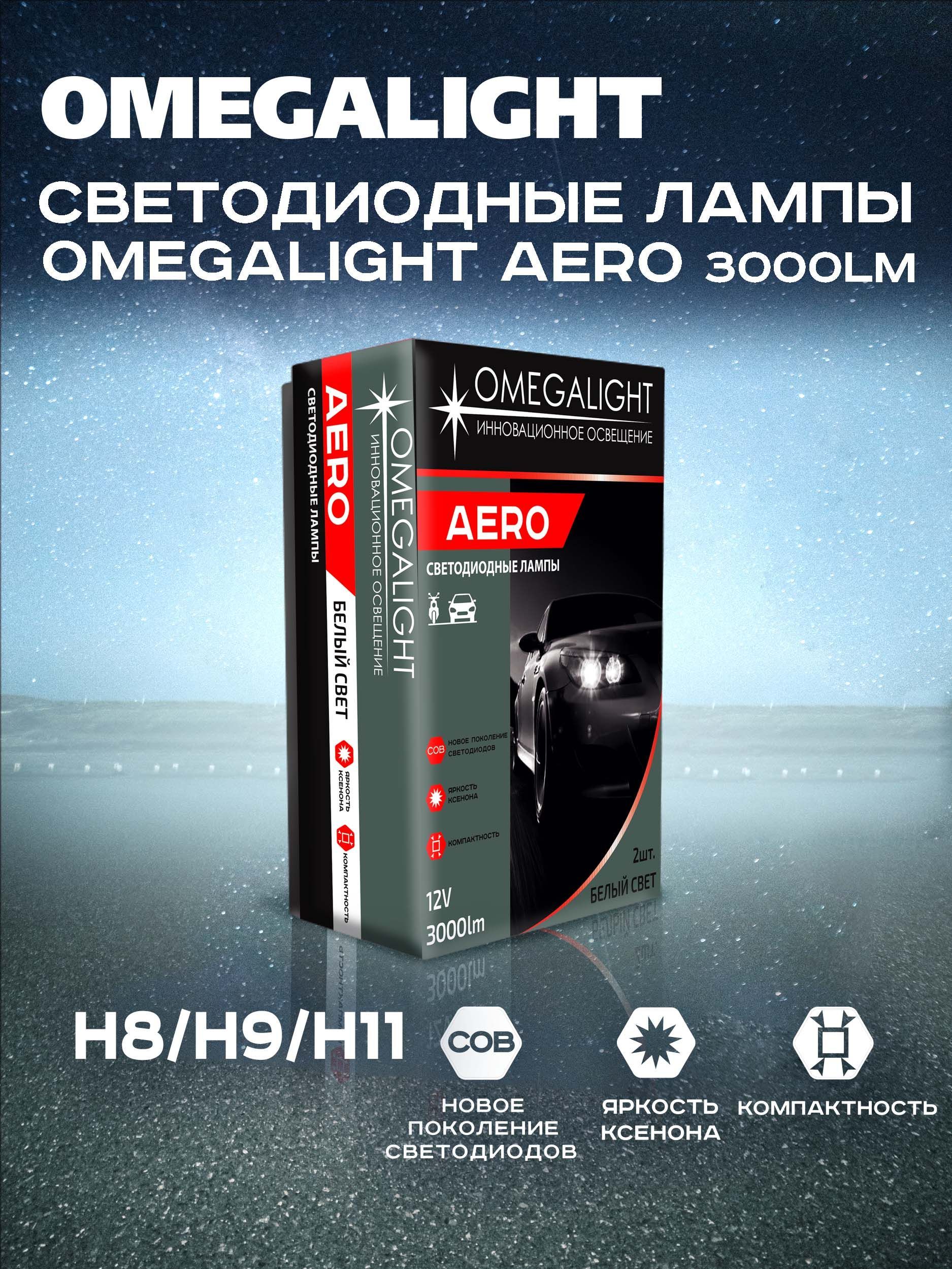 КомплектлампLEDOmegalightAeroH8/H9/H113000lm(2шт)