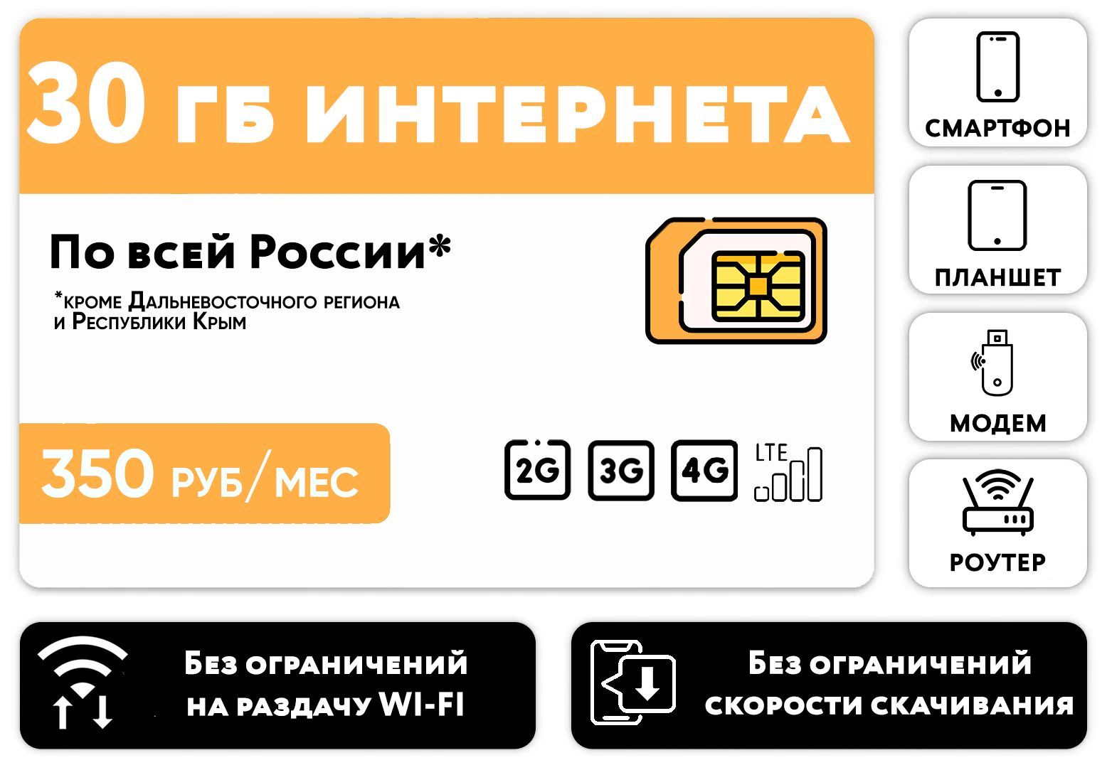 WHYFLY SIM-карта SIM-карта 30 гб интернет 3G/4G/LTE за 350 руб/мес (смартфоны, планшеты, модемы, роутеры) + раздача, торренты (Россия) (Вся Россия)