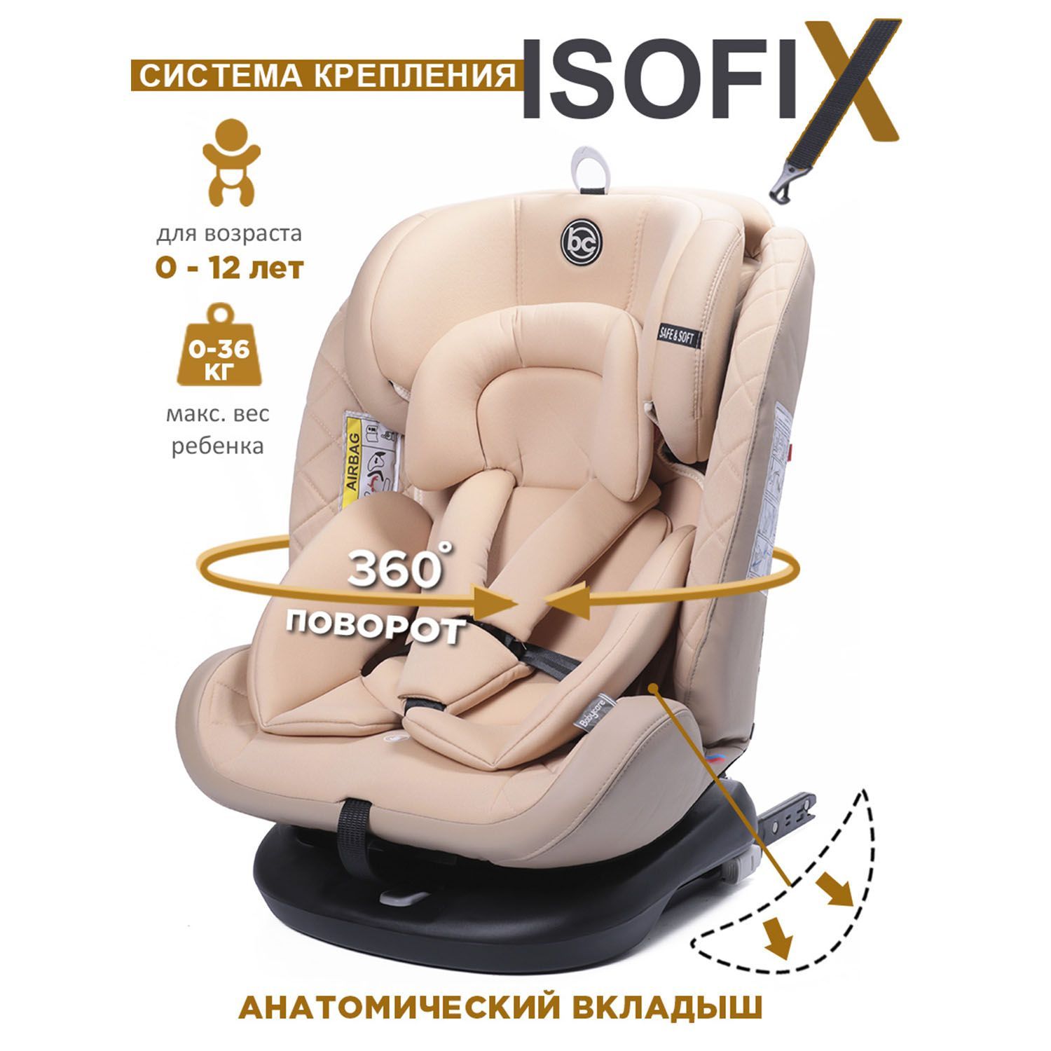 Автокресло детское поворотное Shelter Isofix 0-36кг до 12 лет 0+/1/2/3, Babycare