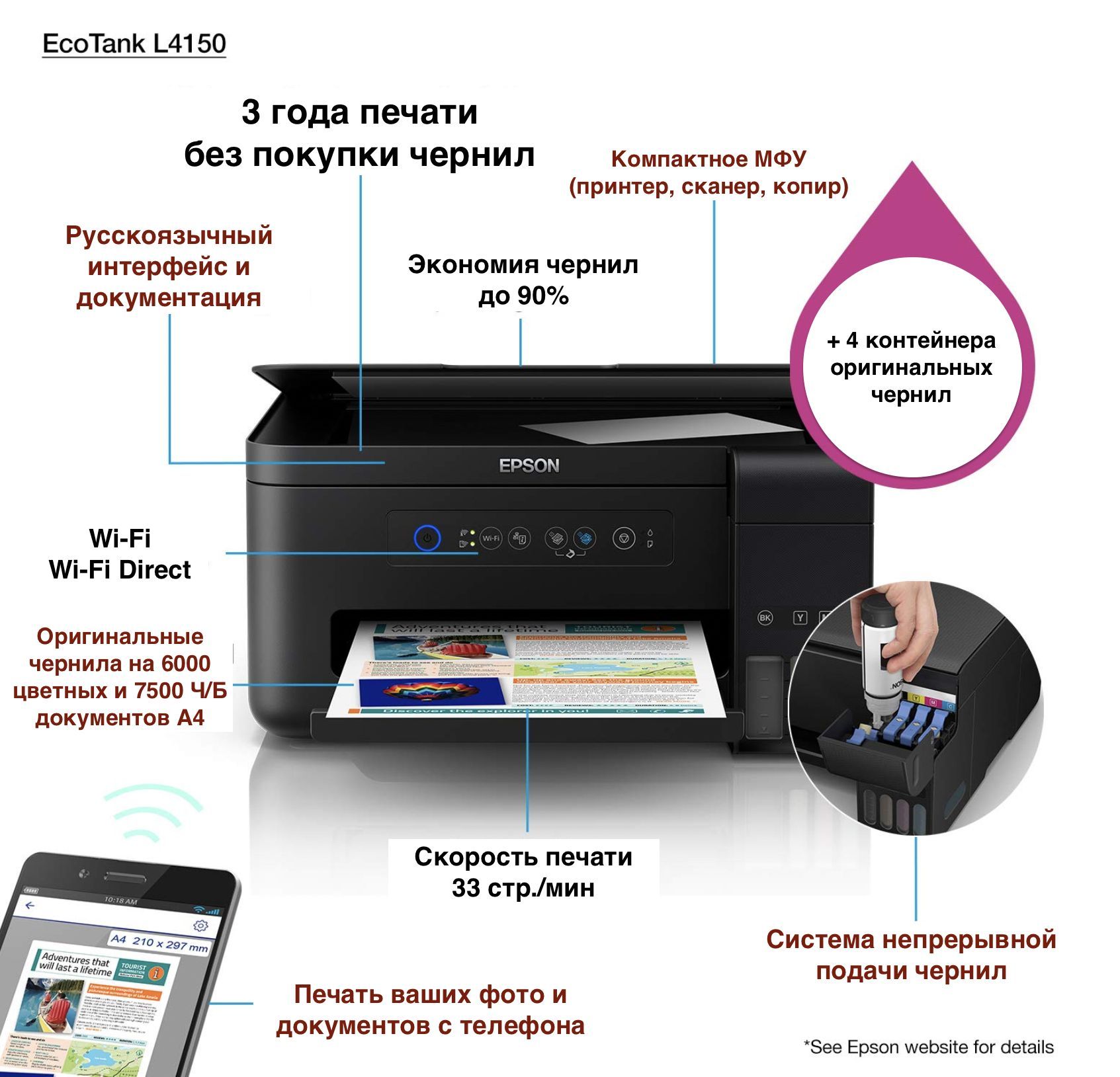 МФУ Струйное Epson L4150 купить по низкой цене в интернет-магазине OZON  (812740388)