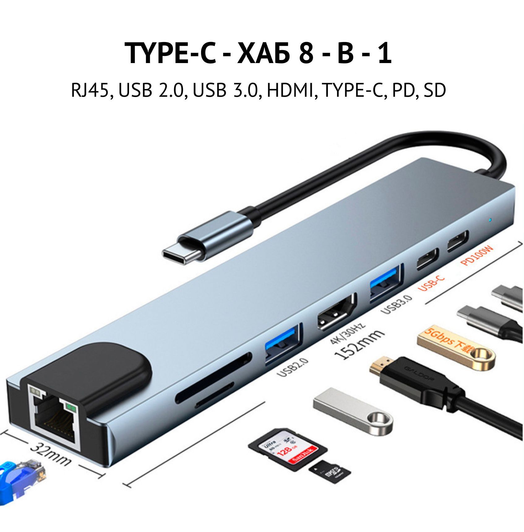 USB Type-C Хаб концентратор (8-в-1) высокоскоростной разветвитель адаптер хаб 8-в-1 USB Hub Type-C