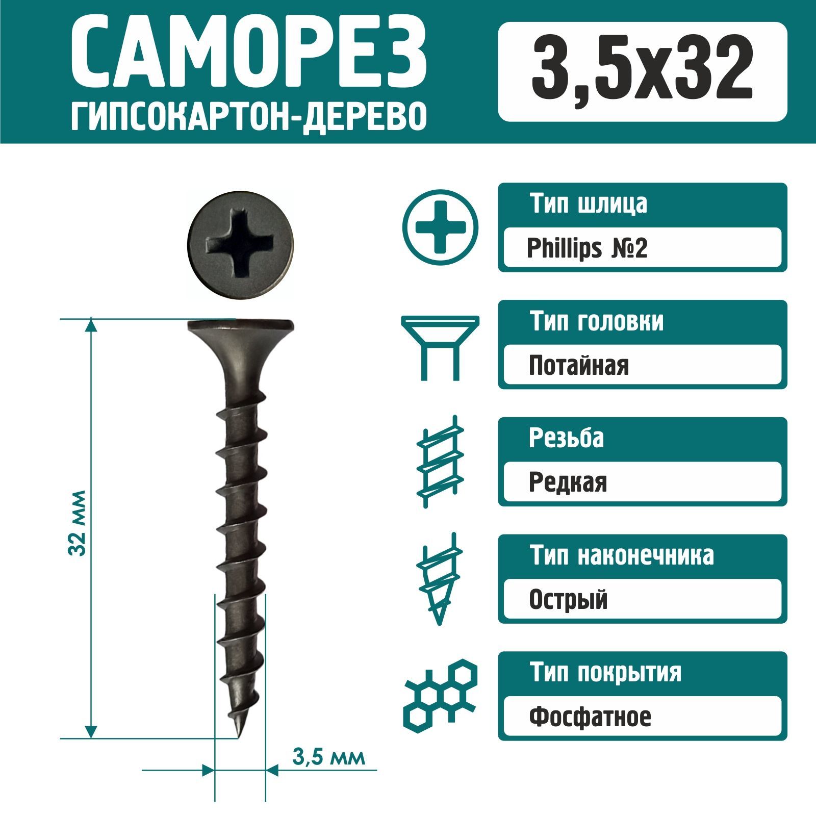 СаморезRizzel3,5х32подеревуфосфатированный(500шт)