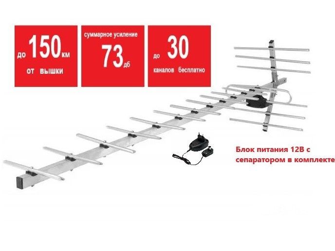 Эфирная ТВ антенна Мир 19 (до 150км прямой видимости) для приёма цифровых каналов с усилителем 9001 и блоком питания