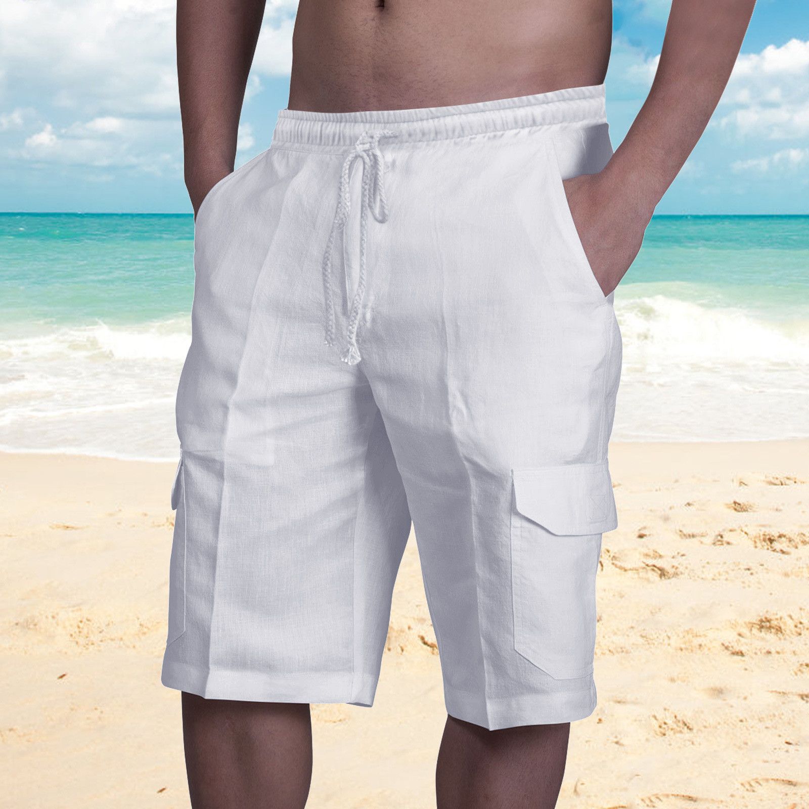 Льняные шорты мужские. Шорты мужские летние с карманами хлопок. Пляжные брюки мужские. Шорты карго мужские из льна.