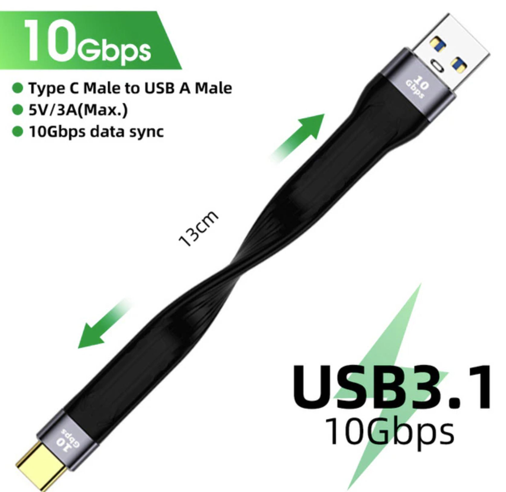 reservice Кабель питания USB 3.0 Type-A/USB Type-C, 0.13 м, черно-серый